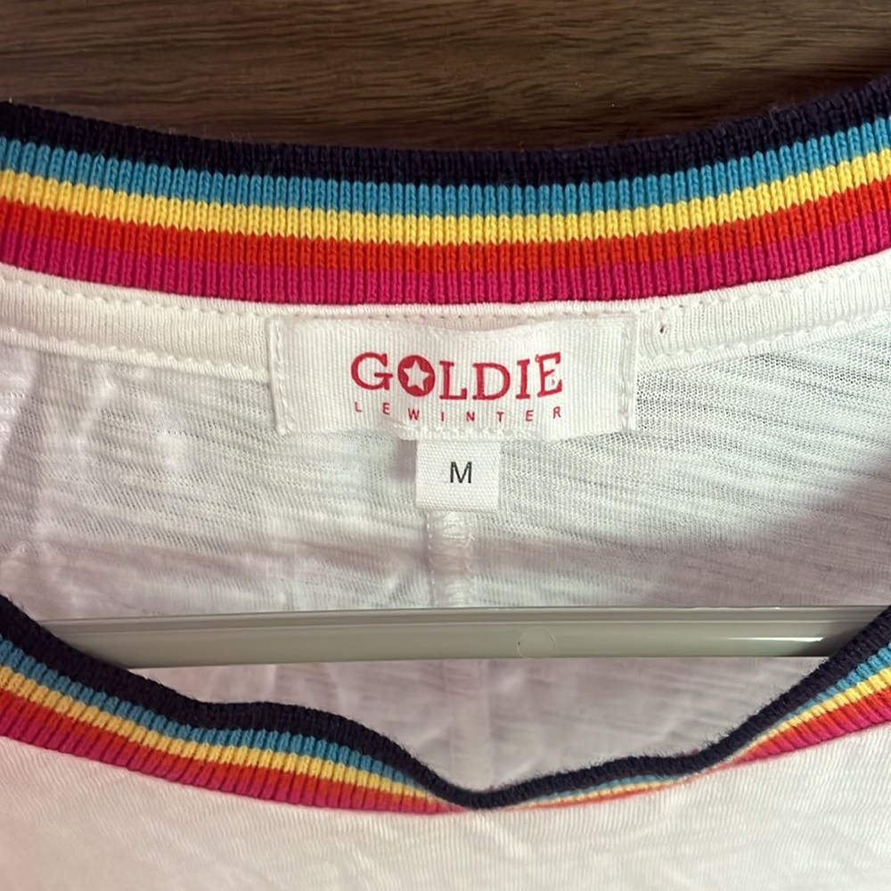Goldie Lewinter cap sleeved T shirt, rainbow neckline Size M - Picture 2 of 3